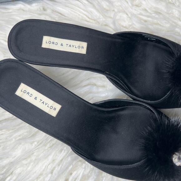 Lord & Taylor | Satin Kitten Heel with Chinchilla Fur | Black | Size 8.5 - Picture 5 of 11